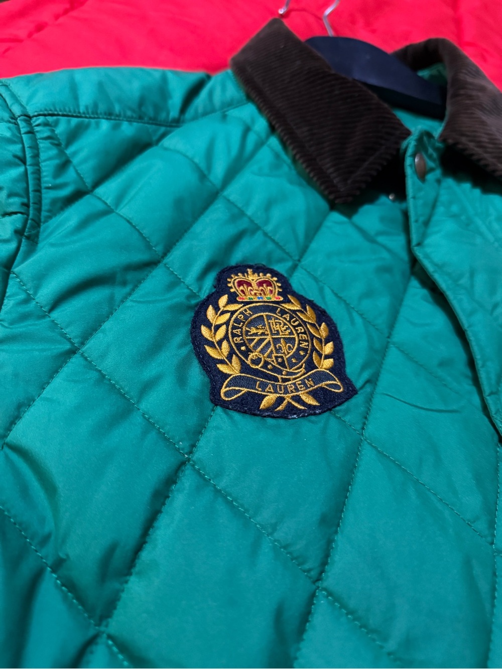 Polo by Ralph Lauren Green Quilted Puffer Jacket with Black Corduroy Collar - Picture 2 of 8
